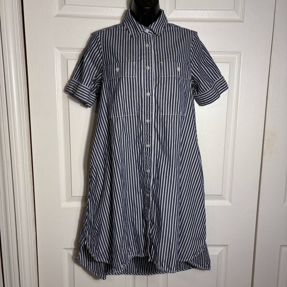 Everlane Daytripper‎ Shirt Dress Women XXS Blue White Striped 100% Cotton Hi Low